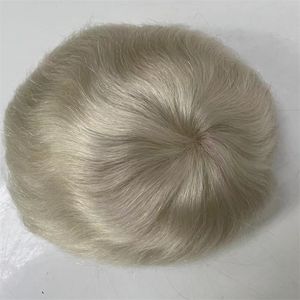 Piezas de cabello humano virgen ruso Blanco Rubio Color platino 60 # 8x10 Unidad de encaje completo Toupees para hombres blancos