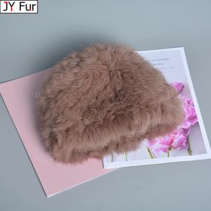 Mujeres rusas Buena elasticidad Real Piel de conejo Skully Hat Lady Winter Warm Knit Genuine Rabbit Fur Hats Outdoor Fluffy Fur Caps 240202