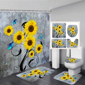 Rideau de douche floral rustique ensemble jaune tournesol fleurs bleu fleurs de salle de bain décorative de salle de bain de salle de bain couvercle couvercle de couvercle