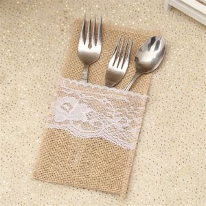 Mariage rustique Jute naturel toile de Jute porte-argenterie Hessian dentelle porte-ustensiles à la main couverts poches sacs