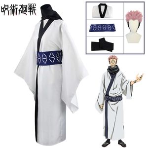 Ryomen Sukuna Cosplay Costume perruque Anime Jujutsu Kaisen blanc Kimono uniforme autocollants écharpe roi des malédictions Halloween Costumecosplay