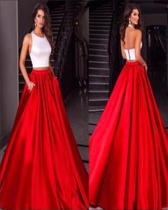 S 2018 Blanc et rouge Deux pièces robes de bal de bal de cou pas cher un line une ligne avec des poches longues robes formelles de fête personnalisées faites 7881041