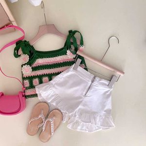 s Ropa para niñas Verano Flor Arco Bordado Hueco Crochet Sling Chaleco de vacaciones francés Pantalones de encaje Conjunto Ropa para niños