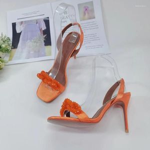 S Sandales Rose Rose femme ouverte ouverte Orange Satin Slingback High Talons Lady Sexy Wedding Shoes Sandal Rhinetone Talon Shoe