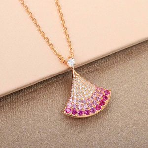 Collier pendentif en forme d'éventail S Sier avec diamant et fuchsia pour femmes bijoux de mariage cadeau avec boîte timbre plaqué or rose PS3177A