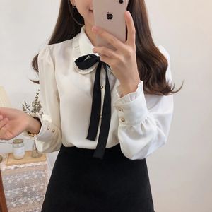 S femmes mignonnes filles douces Vintage noir blanc lacets ruban à volants hauts bouton élégant chemises formelles Blouses 240226