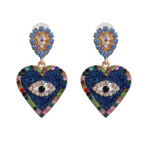 S1055 joyería de moda corazón de melocotón mal de ojo pendientes coloridos diamantes de imitación cuelgan pendientes de tuerca