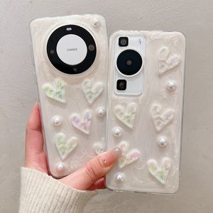 S24 3D Love Heart Cases pour iPhone 15 Pro Max 14 Plus 13 12 Samsung S23 FE Ultra Huawei P60 P50 Mate 60 50 Perles Feuille Mode Dur PC Plastique Acrylique TPU Couverture de téléphone portable