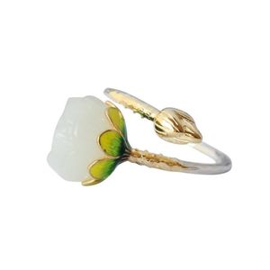 Anillo vintage de loto de jade hetiano con incrustaciones de mano cloisonné de plata de ley S9252068