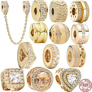 S925 argent Sterling or pince chaîne de sécurité entretoise série coeur étincelant adapté aux bracelets Pandora originaux perles de charme bijoux à bricoler soi-même livraison gratuite