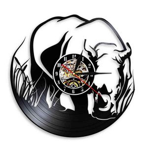 Safari rhinocéros disque vinyle horloge murale faune africaine Jungle Animal rhinocéros découpé au Laser Longplay horloge murale pour chambre de pépinière H1230