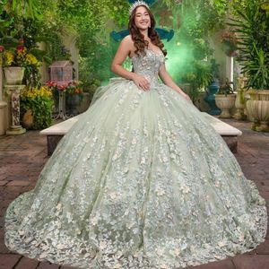 Sage vert brillant Quinceanera robes Applique fleur robe de bal robe de fête d'anniversaire à lacets robe de remise des diplômes chérie de 15 anos