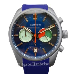 Reloj masculino de vela Caja totalmente de acero Movimiento cronógrafo de cuarzo Correa de cuero azul Reloj para hombre Reloj de pulsera de 43 mm