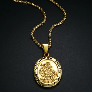 Collar de San Cristóbal para hombre, oro amarillo de 14 quilates, medalla católica de San Patrono, colgante, joyería, medallón de viajero, collares