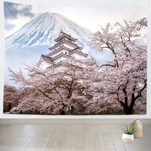 Tapisserie Sakura rose fleurs de cerisier japonais tapisseries printemps coucher de soleil paysage tapisserie tenture murale pour décoration de chambre 240304