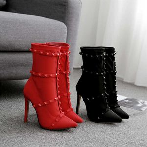 Sandalias 2023 Moda de lujo para mujer 115 cm Botas de tacones altos Fetish s Calcetín de seda Botas Stiletto Botines Scarpins Zapatos rojos con tachuelas J230428