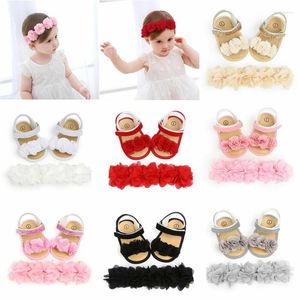 Sandalias Bebé Niña Zapatos De Verano Nacido Niño Flor Suave Suela Gancho Casual Diadema 2 Unids Conjunto