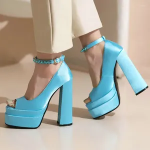 Sandales Chic Soie Comme Satin Robe Sexy Pompes Été Femmes Chaussures Peep Toe Vert Ciel Bleu Bloc Talons Hauts Plateforme Mode