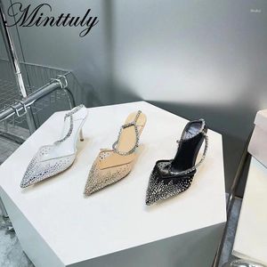 Sandals Designer Women's Crystal Diamond Ankle Chain High Heel Mesh Rouled Point Shoes Banquet Party Sho