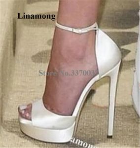 Sandales Elegant White Satin Sandales Linamong Femmes Peep Toe Black High Platform Stiletto Heel Party Shoes Wedding High Heels Big Taille