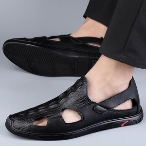 Sandalias para hombre, zapatos informales, mocasines formales de cuero auténtico con patrón de cocodrilo de lujo, mocasines transpirables para hombre, sandalias planas