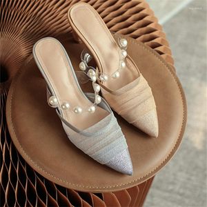 Sandalias Zapatos De perlas para Mujer mulas tacones altos cinturón transparente señoras rebordear Mujer bombas Femme Chaussure Tacones Zapatillas De Mujer