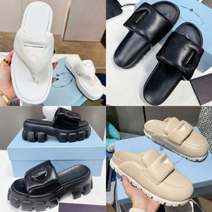 Sandales Prad Soft rembourrées Sabots en cuir Nappa noir Monolith Slides Chaussures pour femmes Pantoufles Sangle Slide Desert Beige Semelle en caoutchouc Mules pour String Wedge