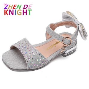 Sandales D'été Filles Sandales Lowheeled Bow Bout Ouvert Diamant Princesse Chaussures De Fête Sandales Plates Souples Pour Filles Enfants Sandales Rose Argent Z0225