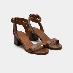 Sandales d'été gladiateur avec boucle, talon carré romain, talons hauts, fille française, cuir véritable, marron, Sandalias Mujer