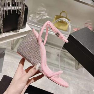 Sandalias Zapatos de cuña para mujer Tacones planos Diamante de imitación Franja de lujo Baile en barra Rosa Mujer Alpargatas con moda