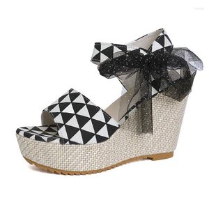 Sandalias cuñas mujer verano nudo-lazo plataforma sandalia tobillo correa Peep Toe tacones altos gruesos zapatos informales de fondo 11cm señoras bombas