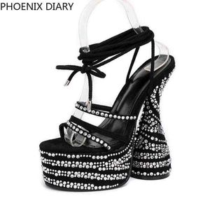 Sandels Phoenix Diary Women S Crystal Cool Diamond High Heels High Striptease Sandals Black Lace Up Shoes para Women35 42 220303