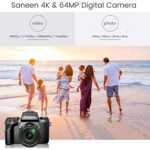 Cámara digital Saneen 4K WiFi con pantalla táctil para fotografía y vídeo con 64MP, Vlogging de YouTube, flash, tarjeta SD de 32 GB, parasol, batería de 3000 mAh.