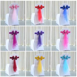 Fajas 20 unids / paquete Fajas para sillas Estiramiento Silla de spandex Bandas de nudo de arco con cinta de organza de mariposa para banquete de boda Reunión de feria Hogar 231208