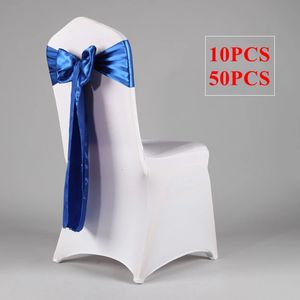 Fajas Royal Blue Satin Wedding Chair Sash Bow Tie Ribbon Bands para la decoración de la cubierta El Party Supplies 231202