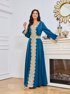 Satin Árabe Long Mother of Bride Gold Gold Lace V Sequínas de cuello Longitud Medio Oriente Medio GOODS PROM VESTIVOS ELEGANTES MUSLIM DUBAI ENCENDIDO VESTIVO 403