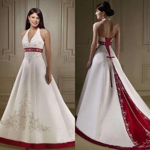 Satin Vintage rouge blanc une ligne robes licou tache perlée broderie à lacets dos Court Train pays robe de mariée