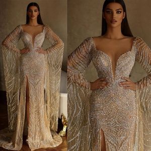 Arabie saoudite Haute Couture Sirène Robes de mariée illusion High Split Marid Robe Bouches nuptiales Bride Princesse Celebrity Beads Sequins Robe Robe De Mariage