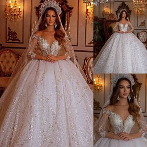 Saudi Arabia Princess Ball Gown Wedding Dress, Sheer Off Shoulder Long Sleeve Luxury Lace Sequins Appliques Bridal Gowns Crystal Bride Robes de Mariée