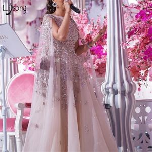 Arabie Saoudite Blush Rose Dentelle Perlée Robes De Soirée Avec Cape De Luxe A-ligne Modeste Longue Robes De Bal Formelle Robe De Soirée Vestidos LJ201120