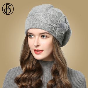 sboy Hats F Berets Knitted Wool Winter Flowers Warm Female Cap Girls Beanies Rabbit Fur Hat Gorros Bonnet Femme Hiver 230729