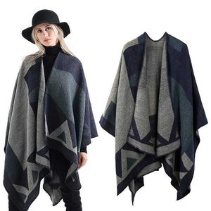 Bufandas 2022 nueva moda invierno cálido Shl Wraps capa mujer otoño tejido lana Plaid Ponchos manta suéter polar bufanda abrigo Y2209