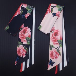 Foulards 7cm 2022 Design femmes maigres cravate Rose fleur imprimé foulard en soie mode ceinture marque sac à main petit long foulardsécharpes