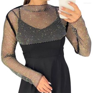 Foulards Chic Dance Blouse O-Neck Exposed Navel Shawl Top Summer See-Through Net T-shirt