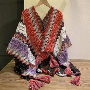 Foulards Coloré Mexique Poncho Pour Femmes Adolescents Crochet Jumper Pull Tricot Kimono Châle Épaule Wrap Hiver Bohème Écharpe