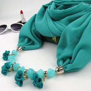 Foulards Mode Lady Neckwear Tissu Fleur Pendentif Collier Et Écharpe Imprimer Mousseline De Soie Perles Cou Femmes Wrap Femme Echarpe