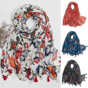 Bufandas Lino Bufanda de algodón Fina Pashmina Floral Borla Mantón Largo Hijab Suave Estilo chino Protector solar Envolturas Moda