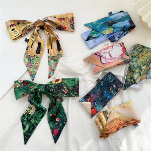 Bufandas Pintura al óleo larga Impresión Pequeña Bufanda de seda Moda Cintas para la cabeza para las mujeres Bolsa de pelo Decoración de la manija