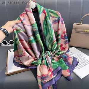 Écharrés Marque de luxe 180x90cm Hijab chaud Femmes Popular Print Silk Scarf The Four Seasons Design Shâle Fashion Satin Finish Lrage Swarves240409