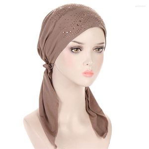 Foulards Plaine Diamant Modal Jersey Hijab Perles De Perçage Chapeau Solide Turban Arc Cap Couverture Perte De Cheveux Foulard Wrap Pré-Cravate Strech Chapeaux